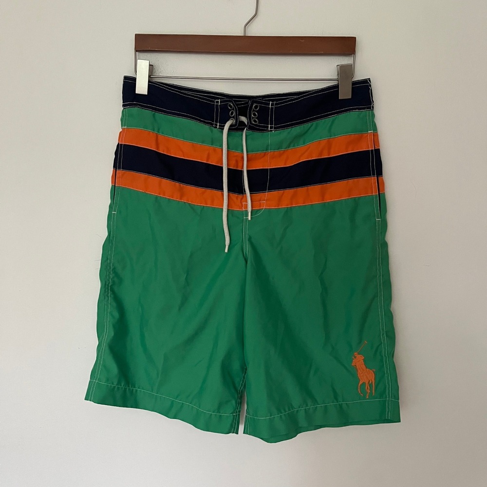 Polo Ralph Lauren Boys XL 18-20 Swim Trunks Green Orange Big Pony Board Shorts